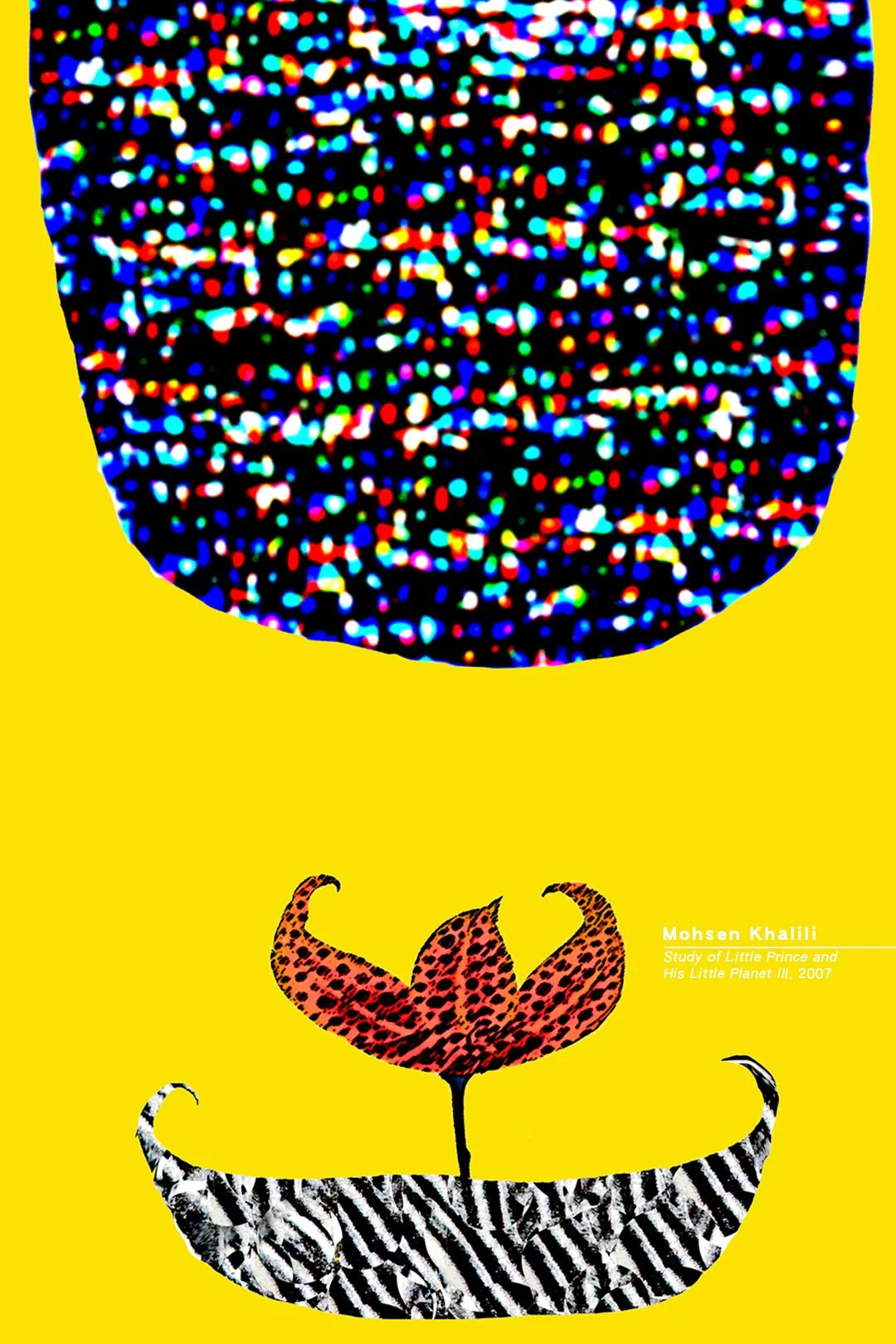 A colorful book cover with a large yellow background, a multicolored glittery semicircle at the top, a stylized black and white striped elephant with a red, feline-like flower on its back, and text that reads 'Mohsen Khalili, Study of Little Prince a