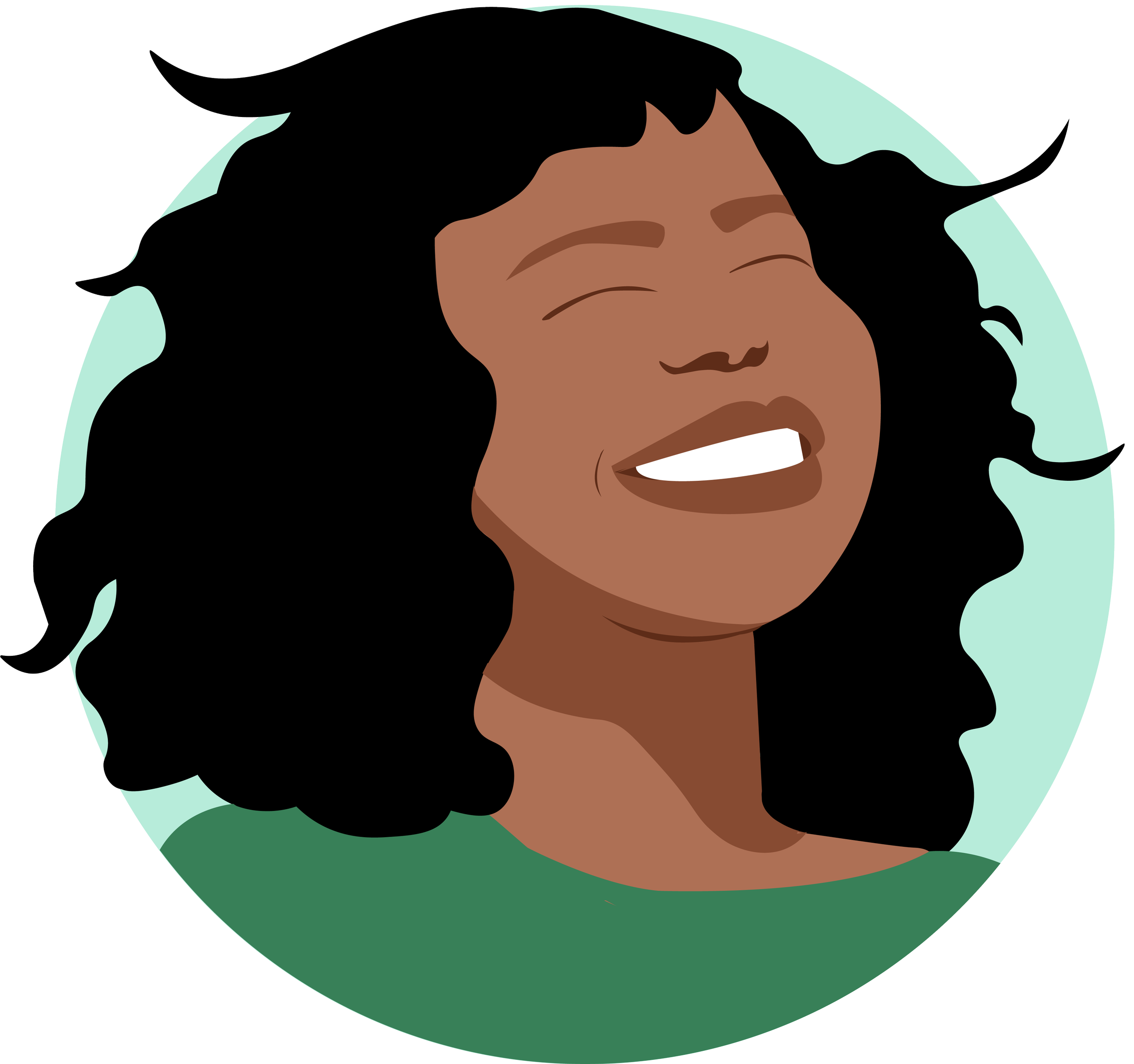 A digital illustration of a smiling woman with dark skin and long, curly black hair, wearing a green shirt, with a light aqua-colored background.