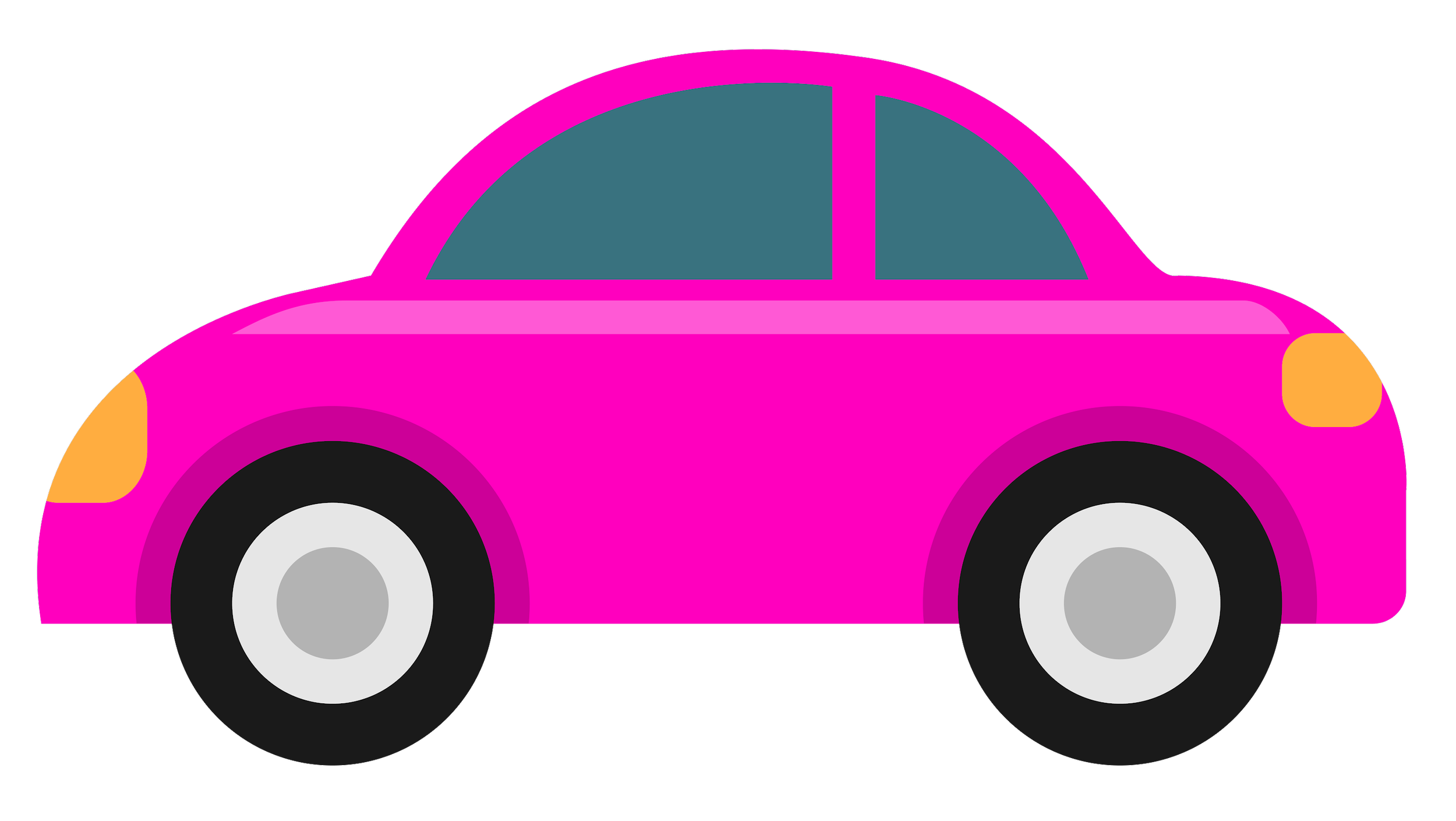 A digital illustration of a pink cartoon car with gray wheels, orange headlights, and teal tinted windows.