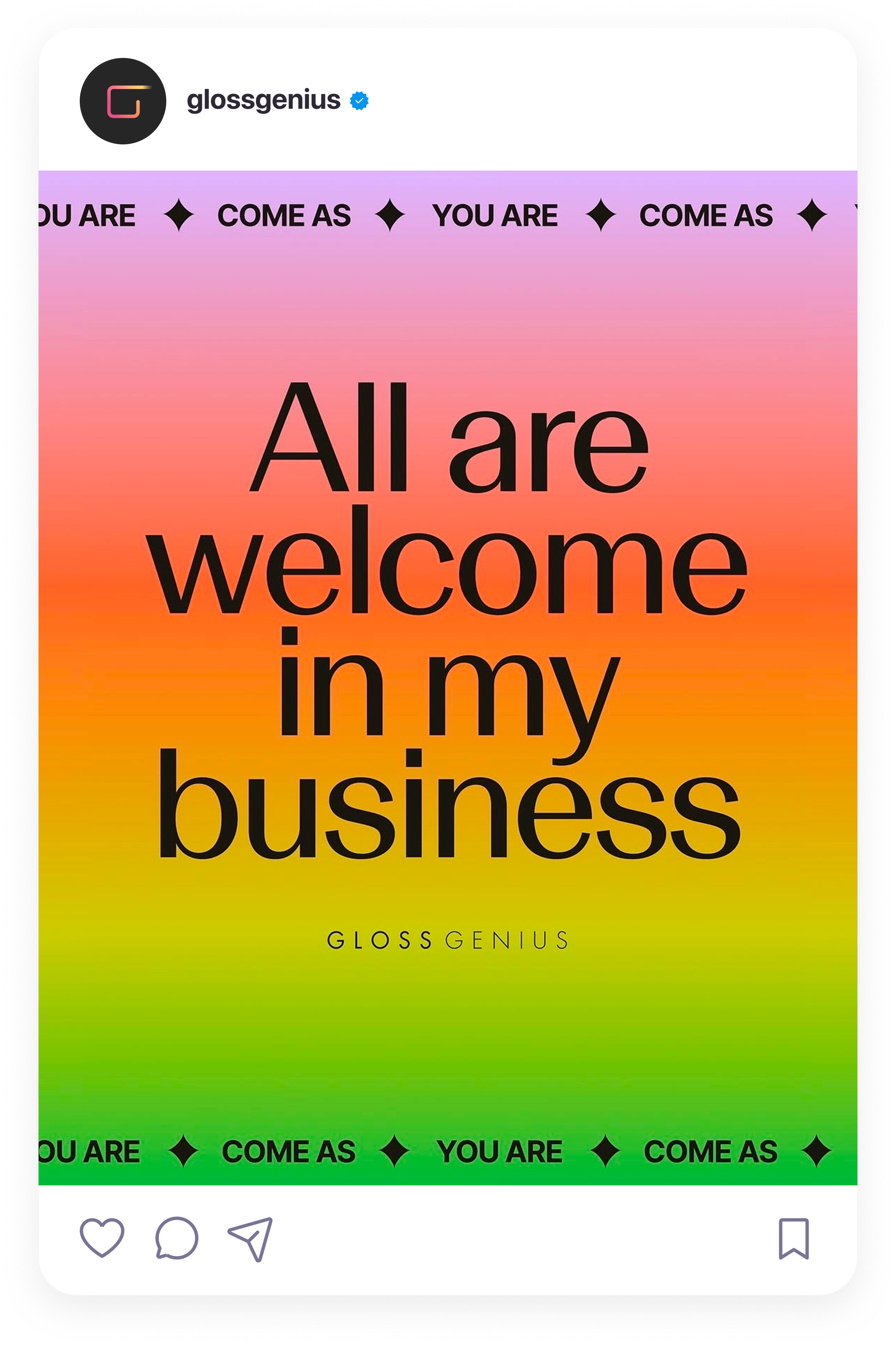 A social media post promoting the book "All Are Welcome in My Business" by GlossGenius, with a rainbow gradient background and the phrase "You Are Come As You Are" repeated at the top.
