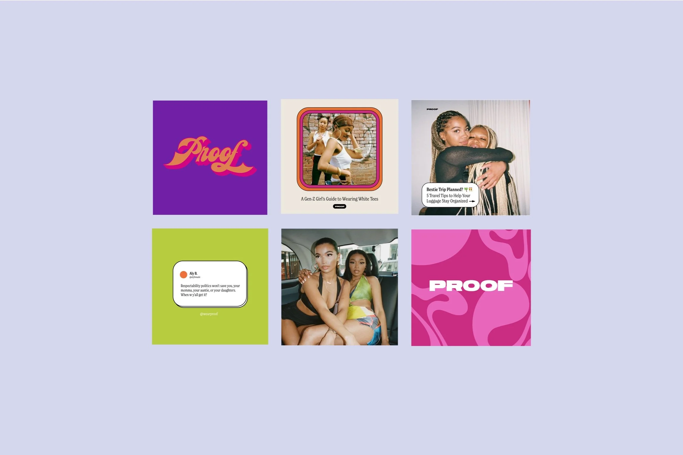 A collage of magazine or social media images featuring women, with colorful backgrounds and text overlays.