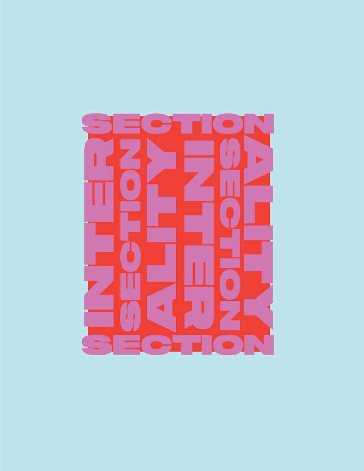 Bold, 3D text pattern with the word INTERSECTIONALITY in red and pink, arranged in a square against a light blue background.