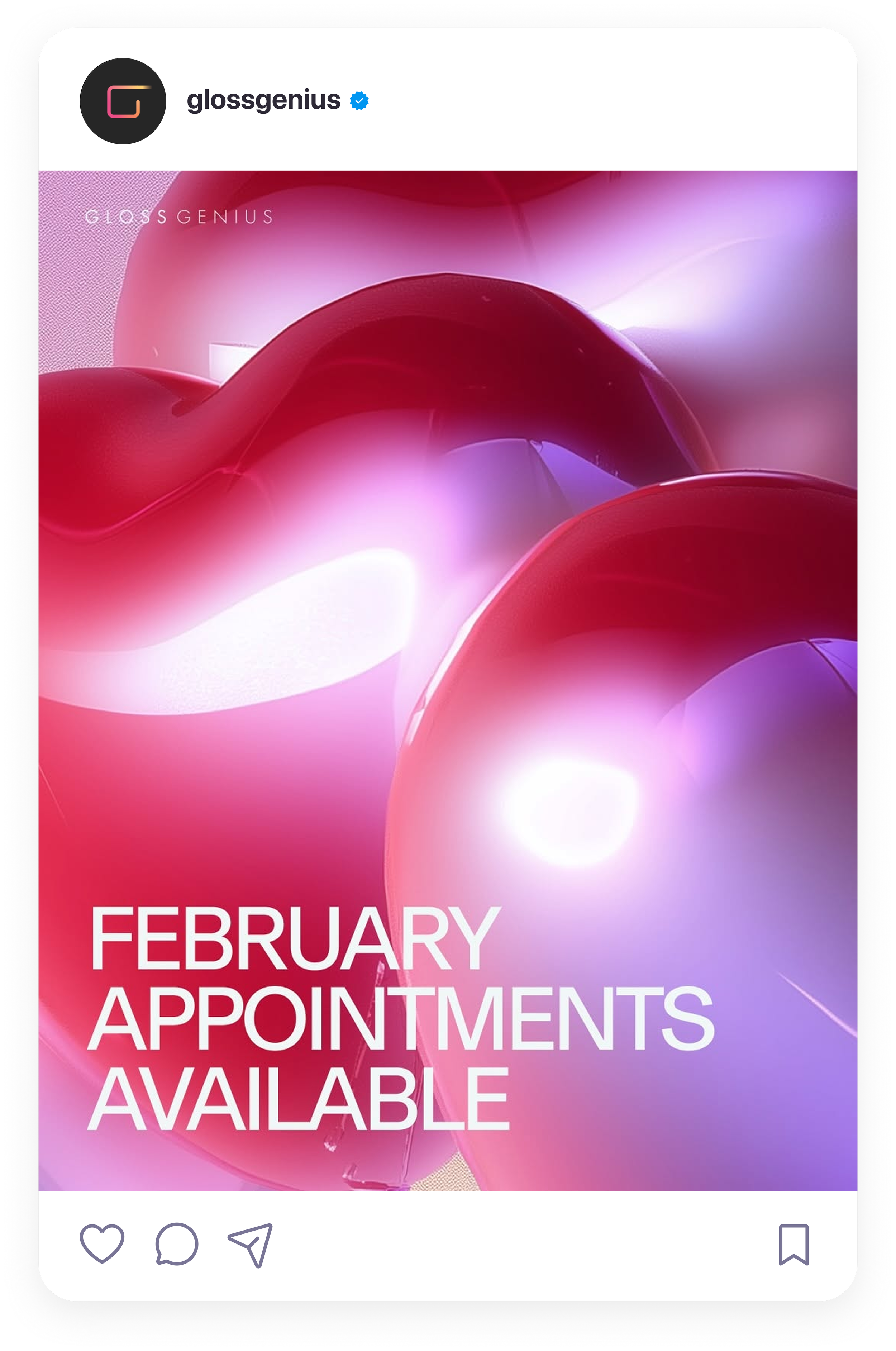 An Instagram post with a pink and purple abstract background and text that reads 'February appointments are available'.