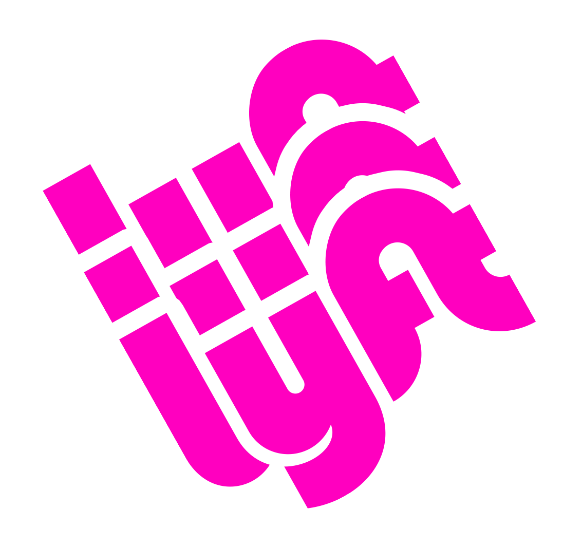 Stylized pink and white graphic of a hand with fingers forming a 'peace' sign against a black background.