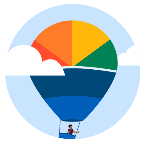 A hot air balloon with colorful segments floating in the sky, with a person standing in the basket.