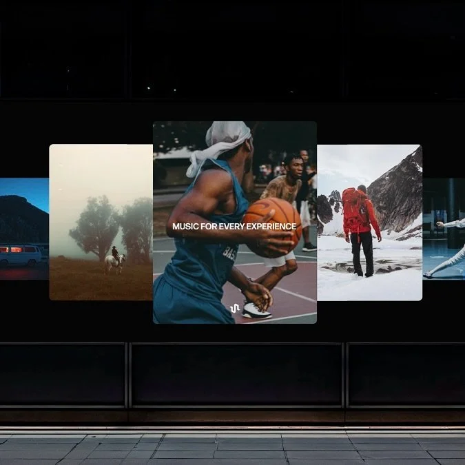 Screensaver or digital display showing a collage of outdoor and sports scenes, including a basketball player, hikers in mountains, a cyclist, and forests, with the text "Music for Every Experience."