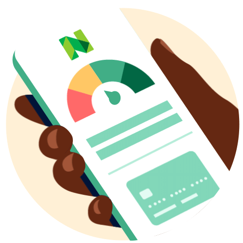 Hand holding a smartphone with a colorful analytics dashboard on the screen, including a gauge chart and various data points.