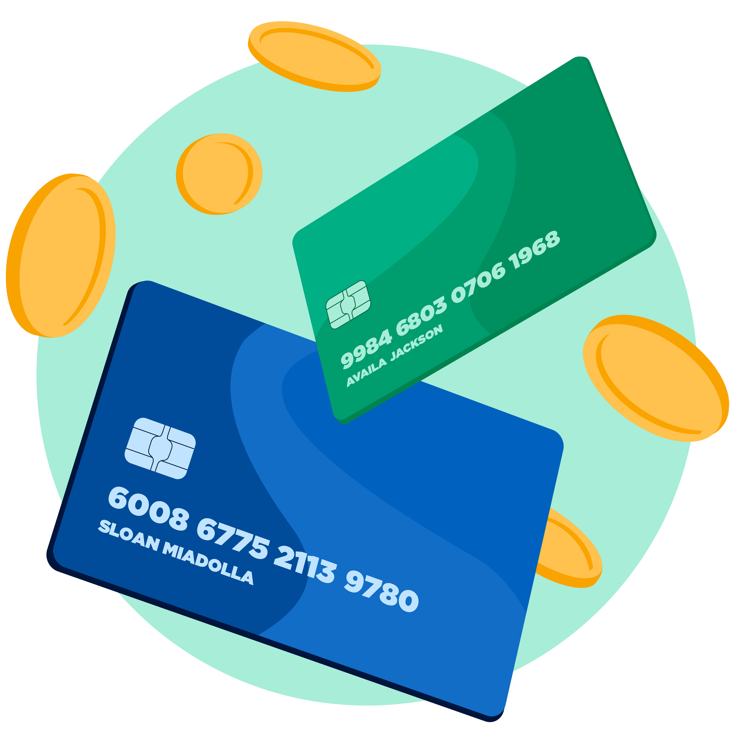 Illustration of credit cards and gold coins on a light blue circular surface, with phone numbers and text in white and blue.