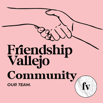Illustration of two hands shaking, with text reading "Friendship Vallejo Community" and a small circular logo with "fv" on it.