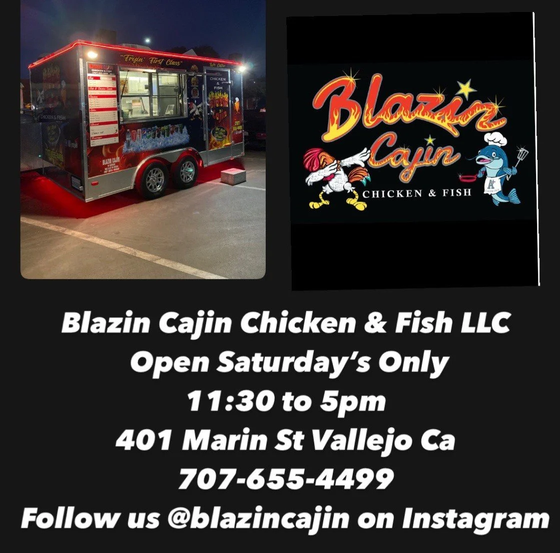 Night view of a food truck named Blazin Cajun serving chicken and fish, with a sign showing the menu and prices.