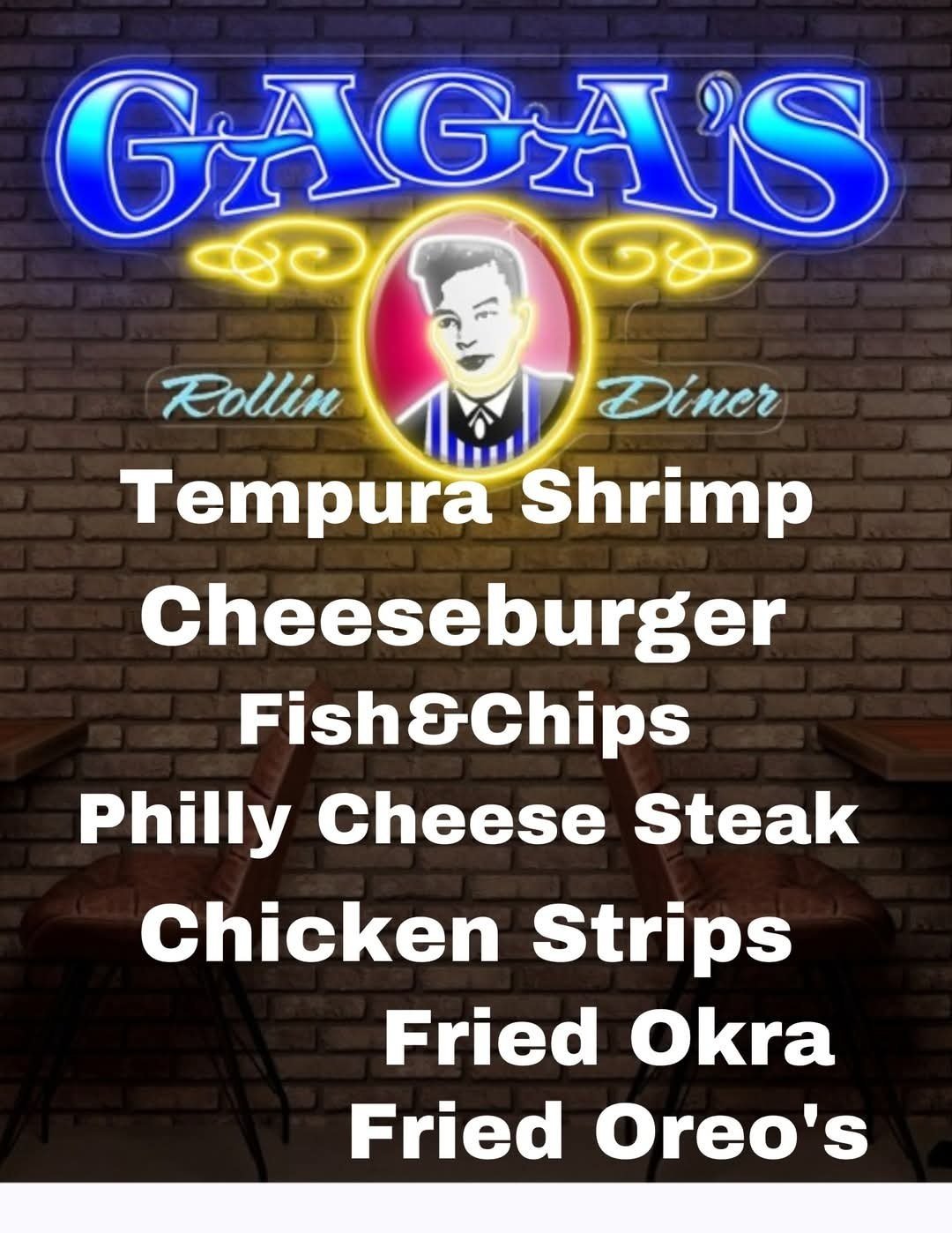 Neon sign for GAGA'S Rollin Diner with menu items including tempura shrimp, cheeseburger, fish and chips, Philly cheesesteak, chicken strips, fried okra, and fried Oreo's.