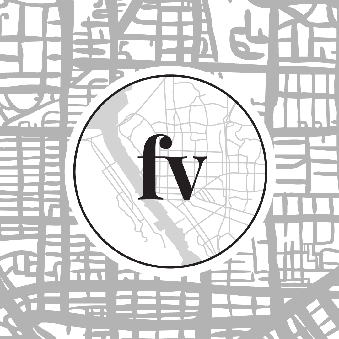 A black letter 'f' and 'v' over a grayscale map of an urban area, with streets, parks, and waterways visible in the background.