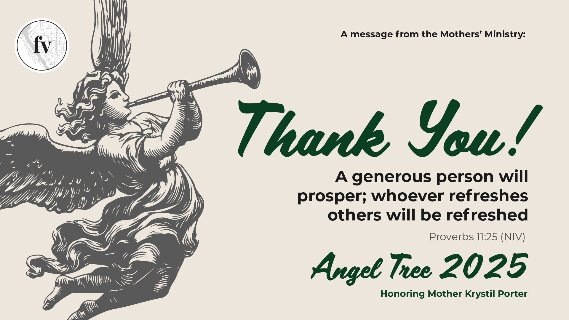 Thank You graphic from the Mothers’ Ministry with an angel blowing a trumpet and text honoring Angel Tree 2025, featuring Proverbs 11:25 and recognizing Mother Krystil Porter.