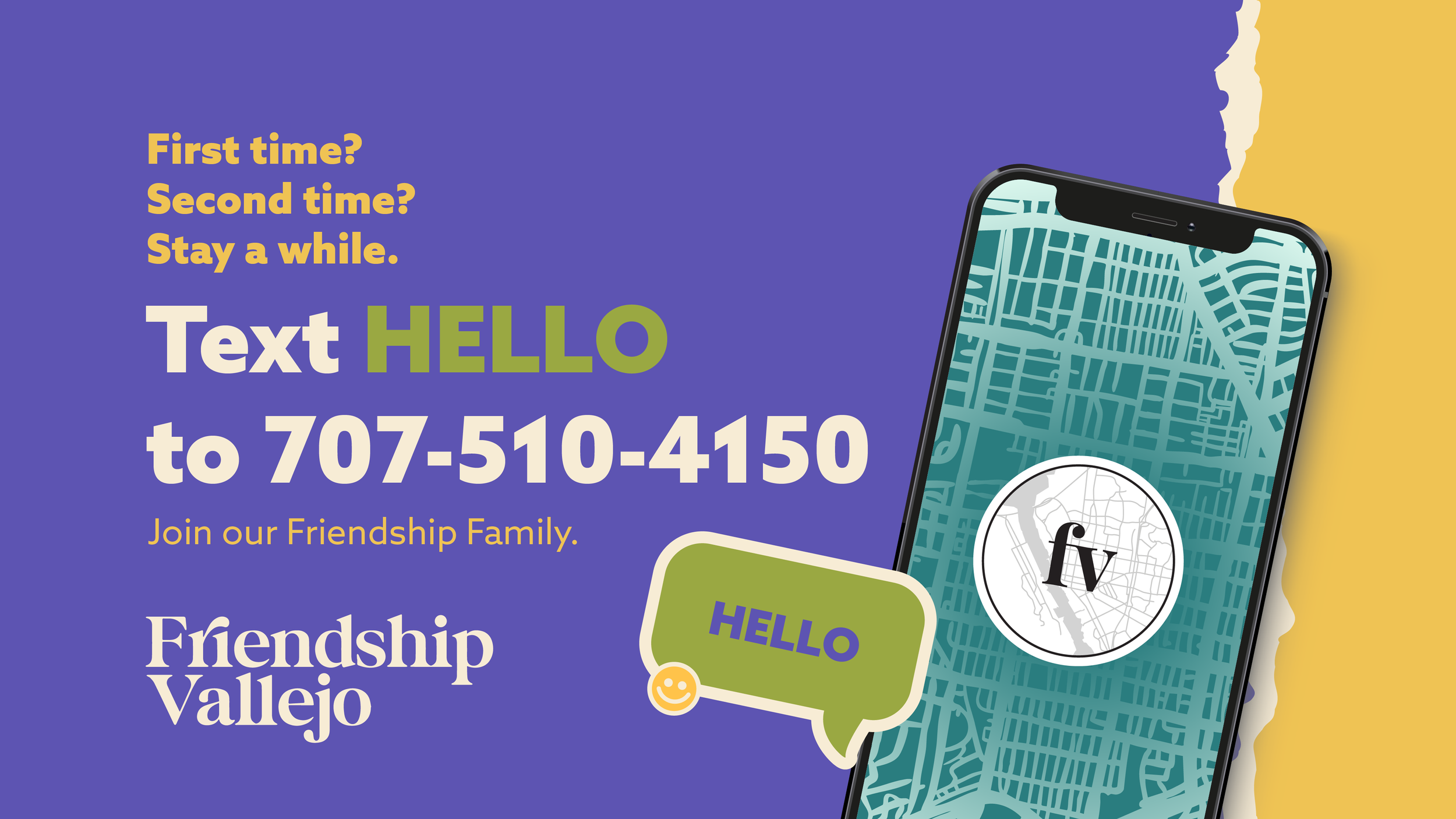 New here graphic inviting visitors to text “HELLO” to 707-510-4150 to join Friendship Vallejo church community, with smartphone illustration and message bubble.