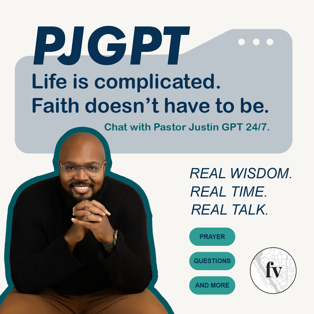 Graphic promoting “PJGPT,” featuring Pastor Justin with the text “Life is complicated. Faith doesn’t have to be,” offering 24/7 chat for prayer and questions.