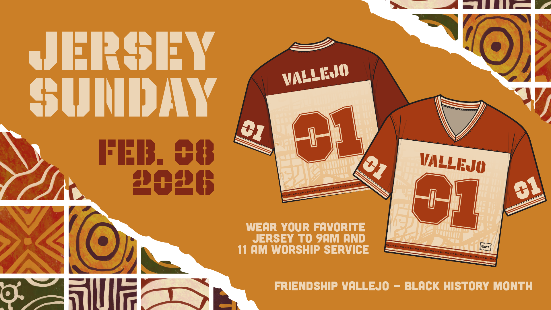 Jersey Sunday graphic for Friendship Vallejo with illustrated jerseys labeled “Vallejo 01,” announcing Feb. 8, 2026, during Black History Month.