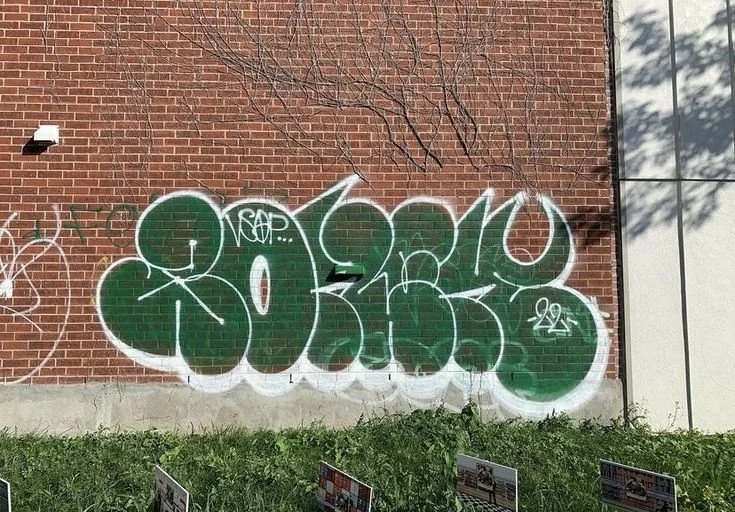 wall with a green graffiti throw up on it