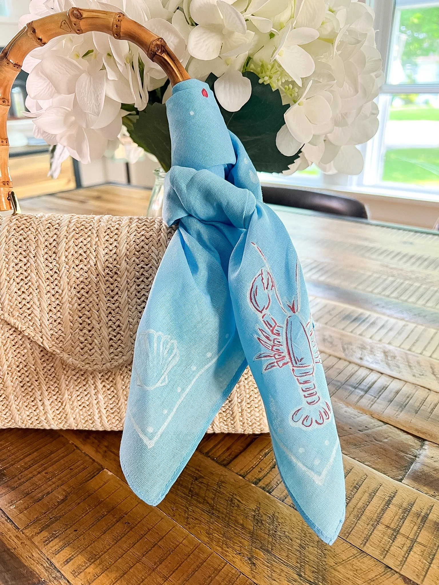 Hand-Painted Cotton Bandana | Lobster in Cerulean Blue