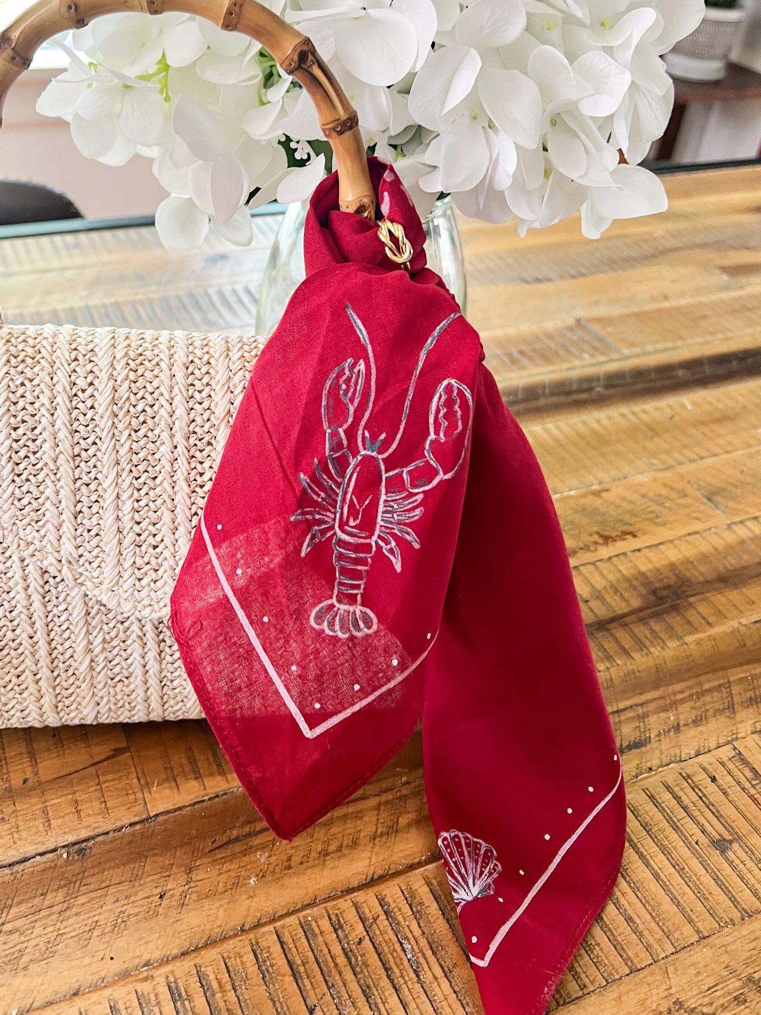 Hand-Painted Cotton Bandana | Lobster in Red