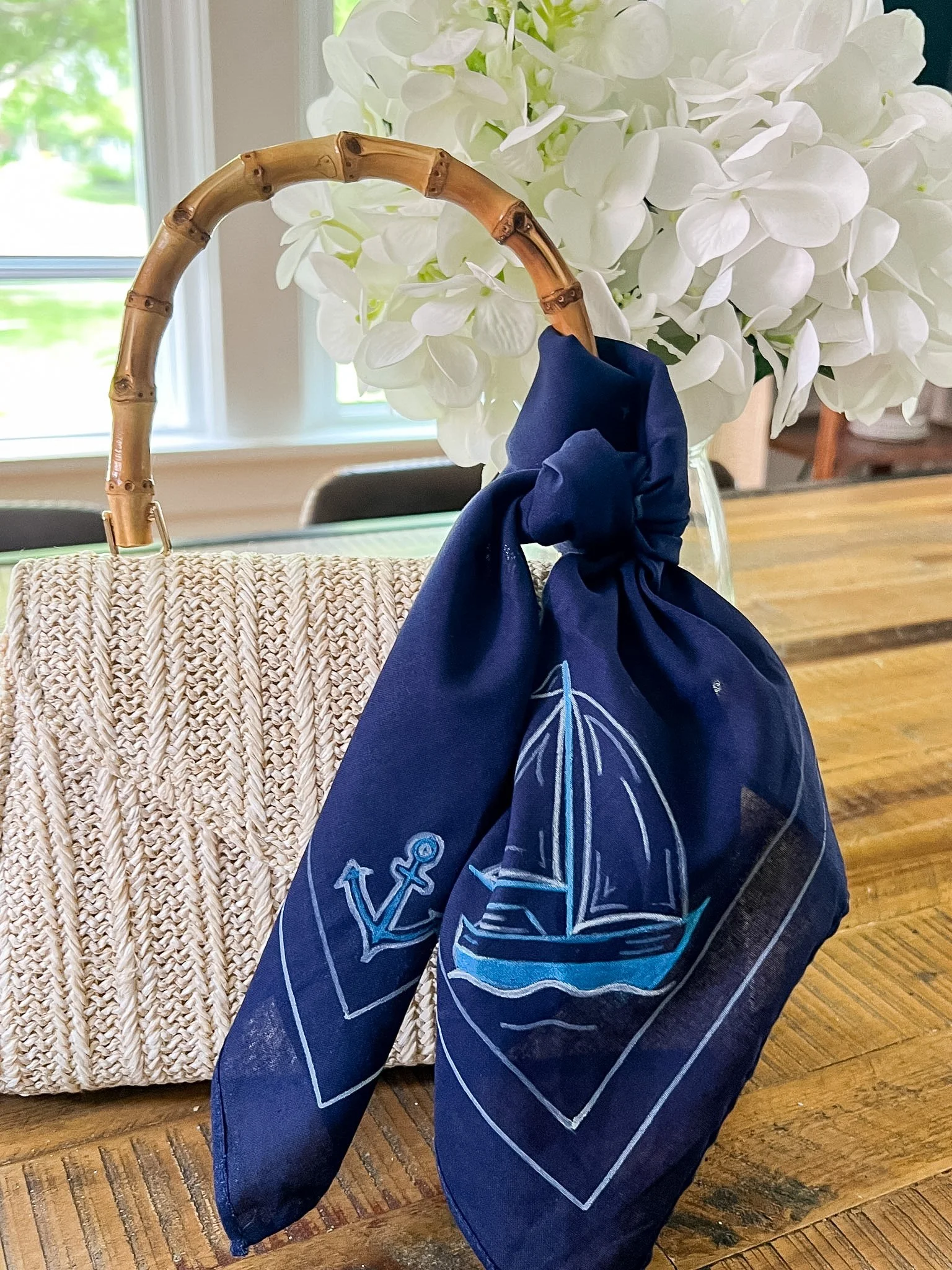 Hand-Painted Cotton Bandana | Sailboat in Navy