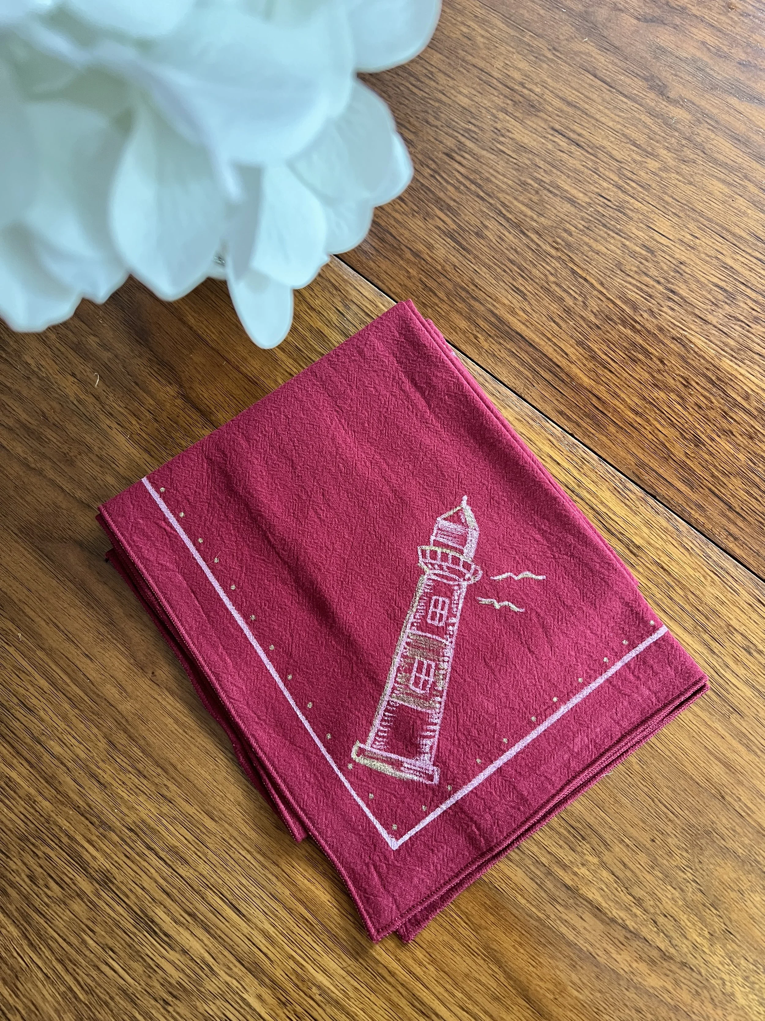 Hand-Painted Cotton Bandana | Lighthouse in Red
