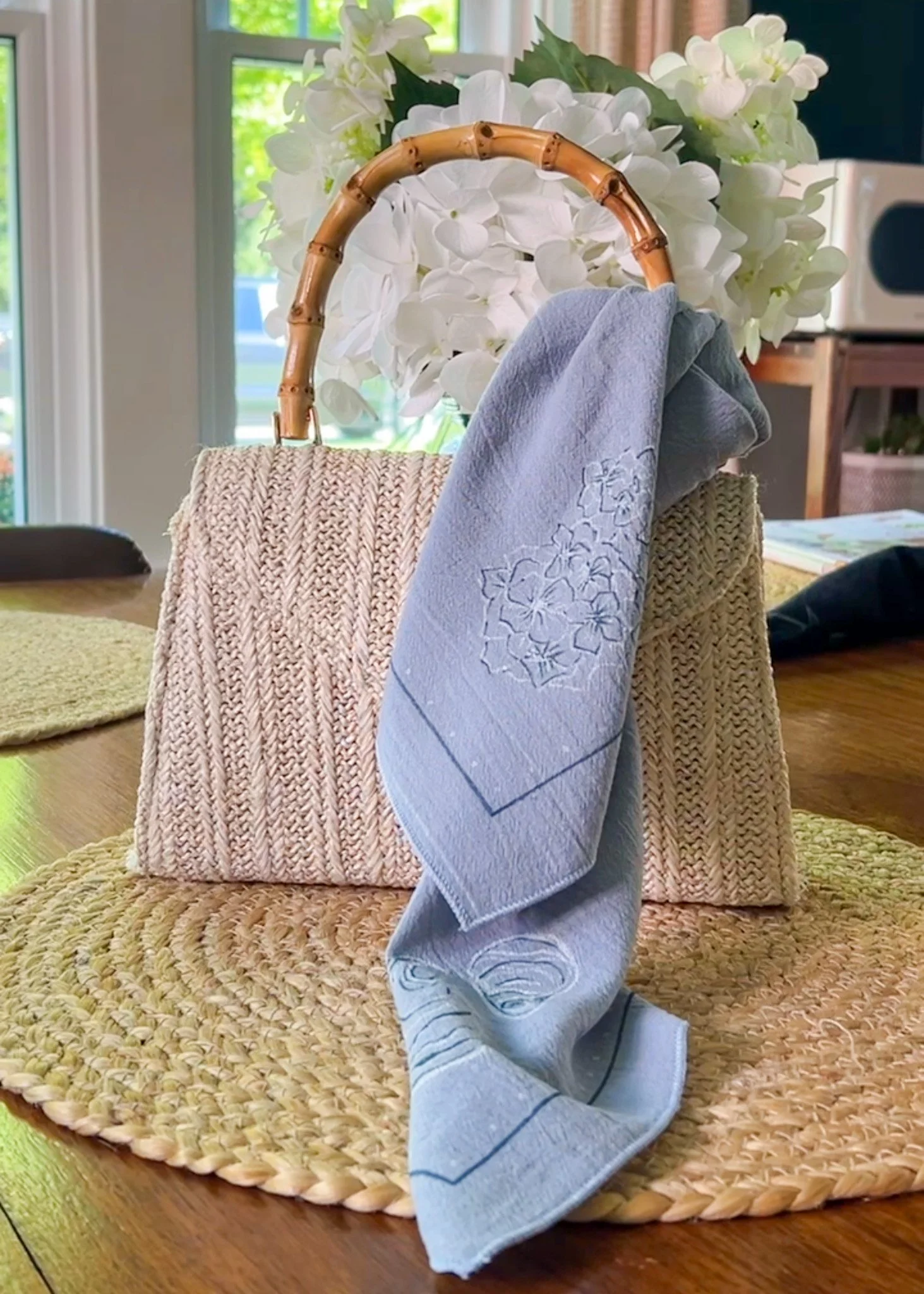 Hand-Painted Cotton Bandana | Oyster and Hydrangea in Blue