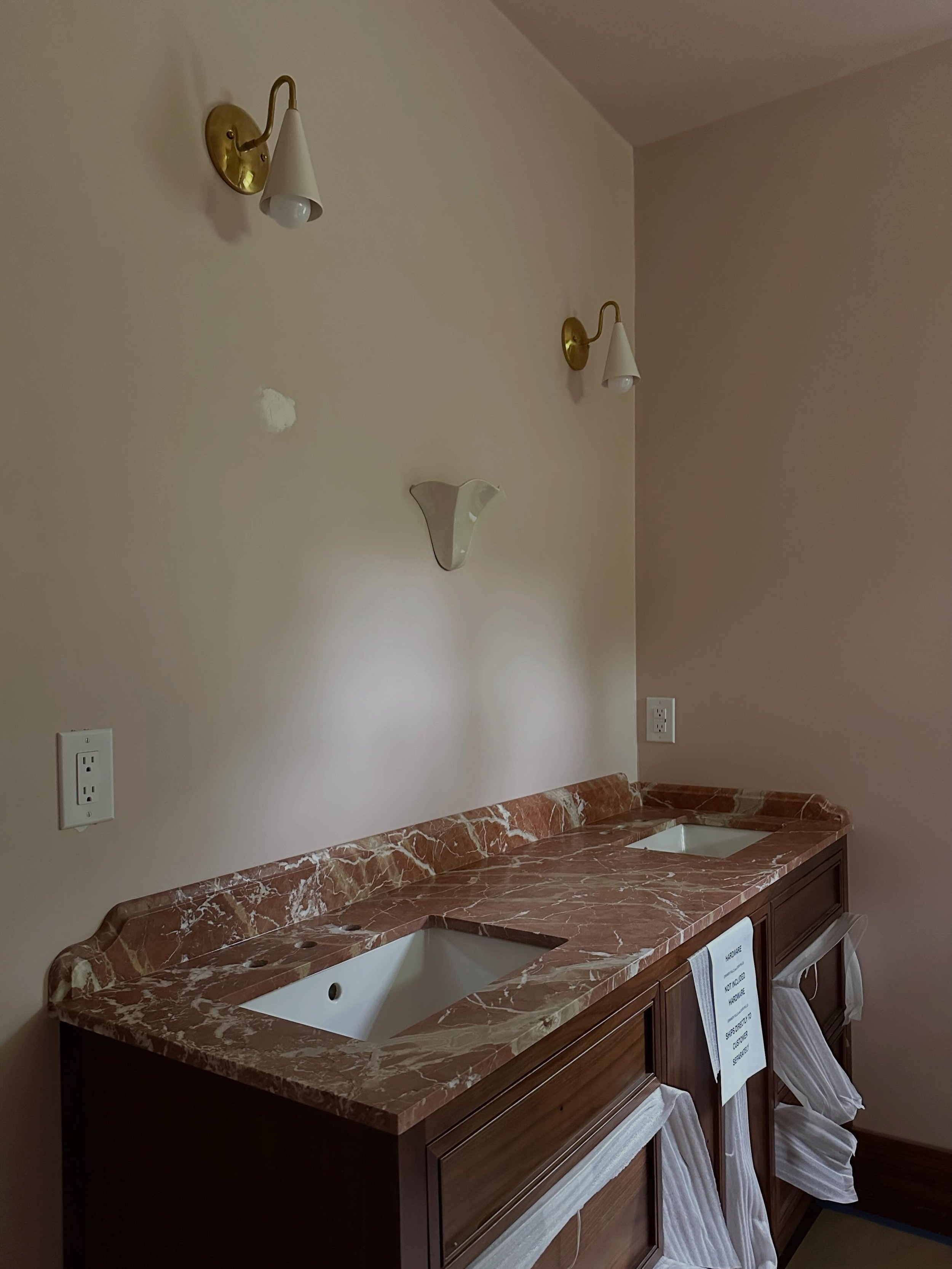 A teaser! I quite literally cannot stop daydreaming about this bathroom. Here&rsquo;s what we have left&hellip;

The ceilings are taller than your average, so we&rsquo;re adding a trim piece near the ceiling to help with scale. 

Mirrors, hardware, a