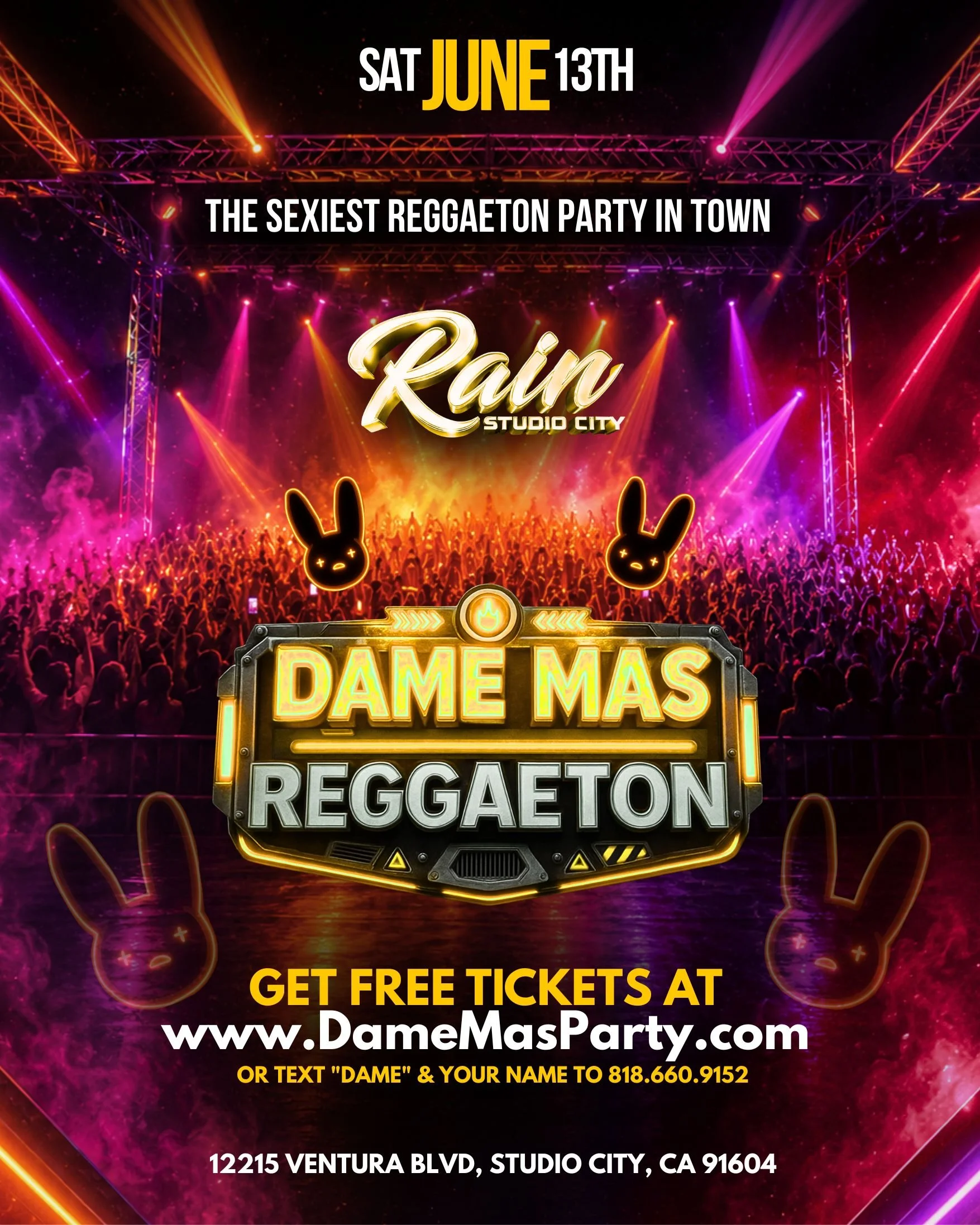Nightclub scene with neon purple, pink, and orange lights, a crowd of people, and a stage with a sign that reads 'Dame Mas'.