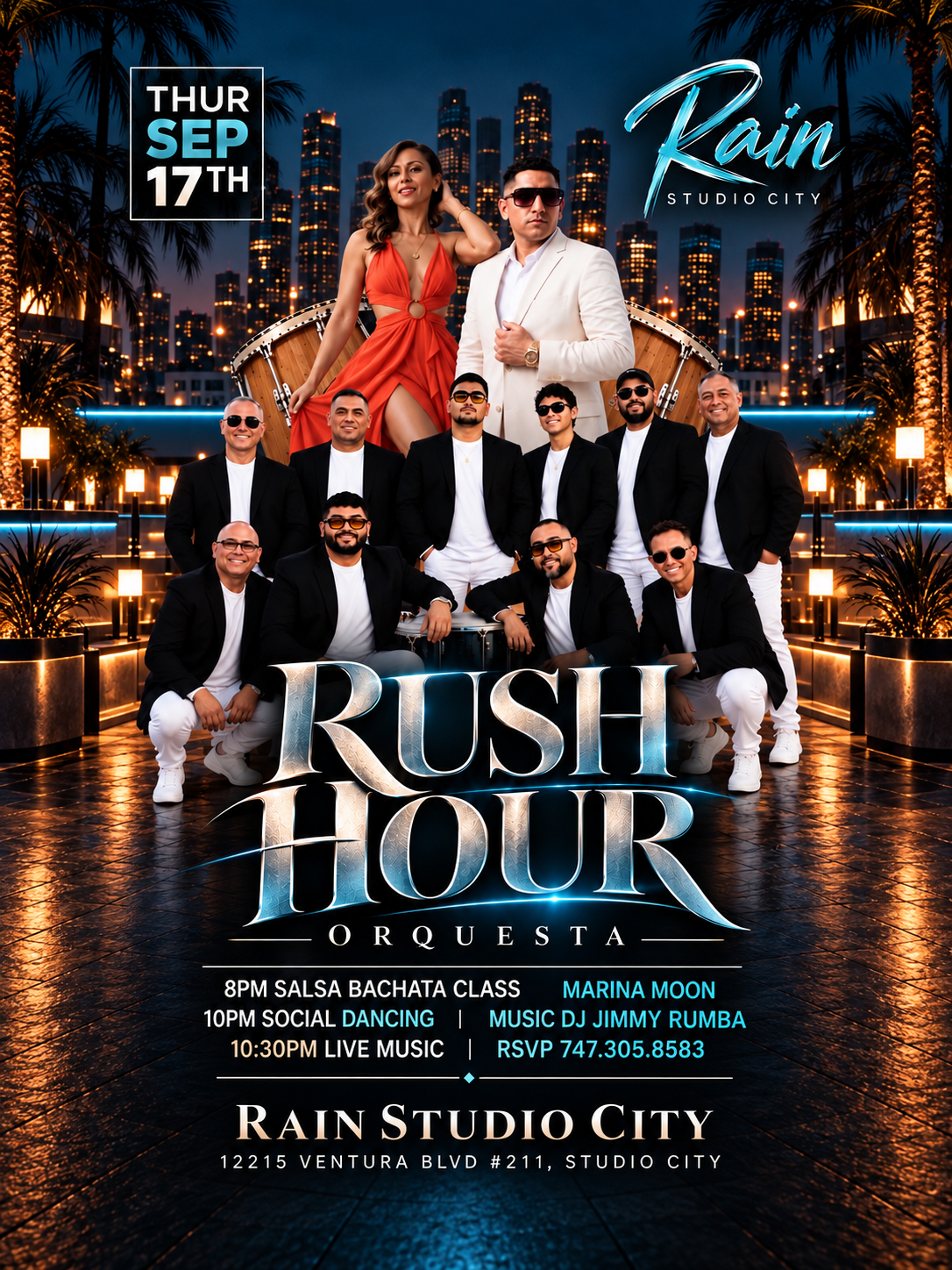 Event poster for a salsa music concert on Thursday, June 11, at Rain Studio City. Features live music by Kike Cango, with dance classes starting at 8 PM with Miguel Maganda and social dancing at 10 PM with DJ Jimmy Rumba. The poster has neon text and a photo of a man singing into a microphone.