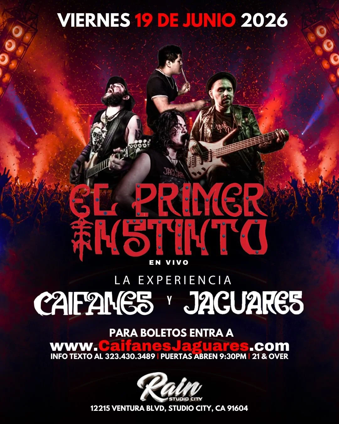 Concert event poster featuring Caifanes and Jaguares, scheduled for Friday, June 19, 2026, at Rain Studio City in California, with live band photos, event details, website, and ticket information.