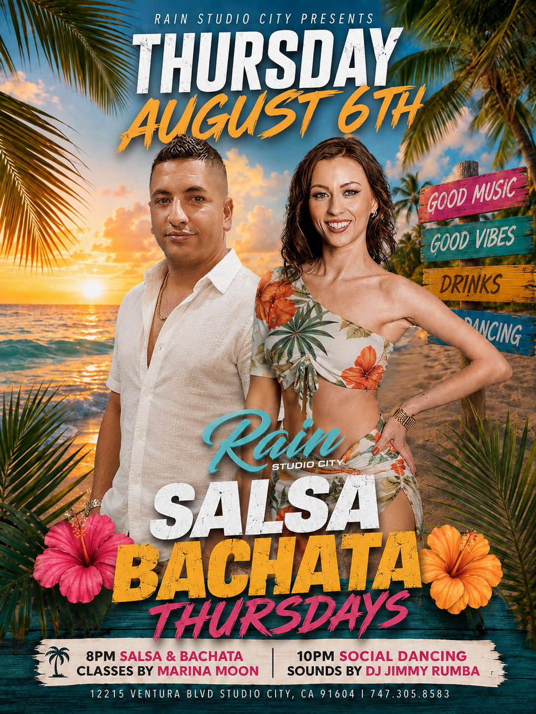 Event poster for a salsa music concert on Thursday, June 11, at Rain Studio City. Features live music by Kike Cango, with dance classes starting at 8 PM with Miguel Maganda and social dancing at 10 PM with DJ Jimmy Rumba. The poster has neon text and a photo of a man singing into a microphone.