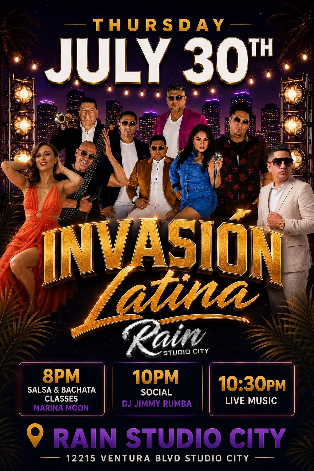 Event poster for a salsa music concert on Thursday, June 11, at Rain Studio City. Features live music by Kike Cango, with dance classes starting at 8 PM with Miguel Maganda and social dancing at 10 PM with DJ Jimmy Rumba. The poster has neon text and a photo of a man singing into a microphone.