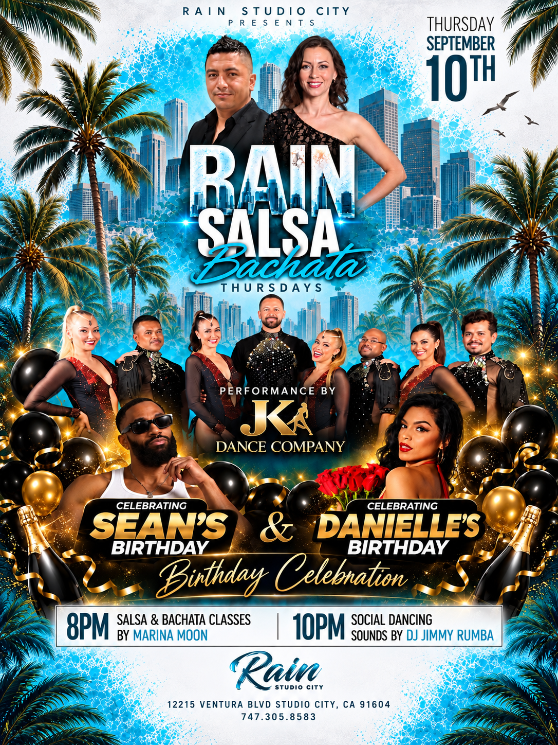 Event poster for a salsa music concert on Thursday, June 11, at Rain Studio City. Features live music by Kike Cango, with dance classes starting at 8 PM with Miguel Maganda and social dancing at 10 PM with DJ Jimmy Rumba. The poster has neon text and a photo of a man singing into a microphone.