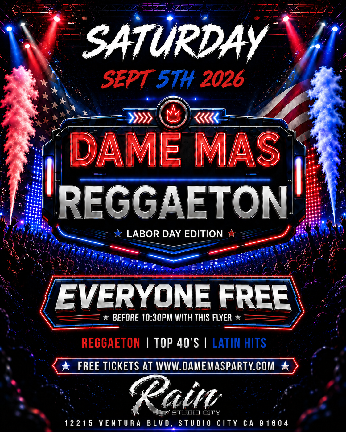 Nightclub scene with neon purple, pink, and orange lights, a crowd of people, and a stage with a sign that reads 'Dame Mas'.
