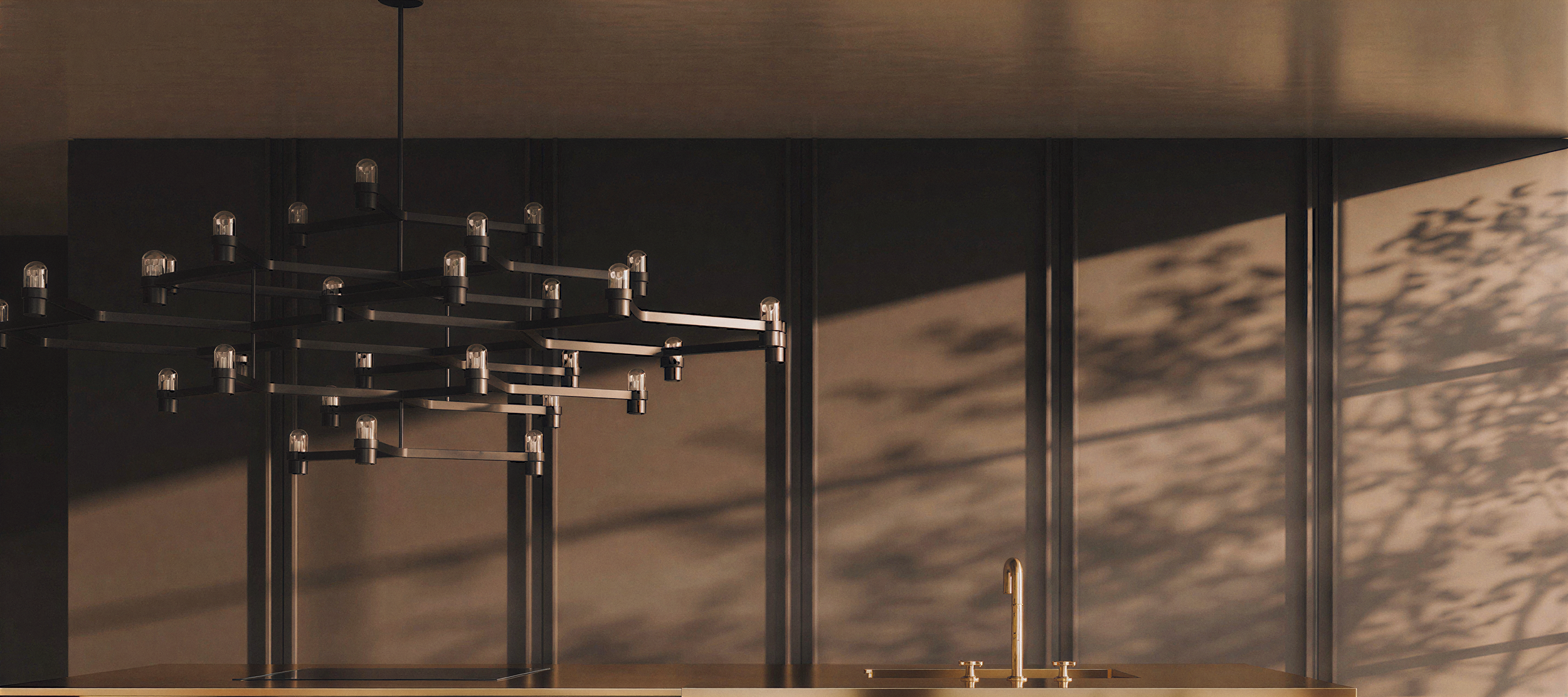 A modern kitchen featuring sleek cabinetry and a large, elegant chandelier hanging above the dining area.
