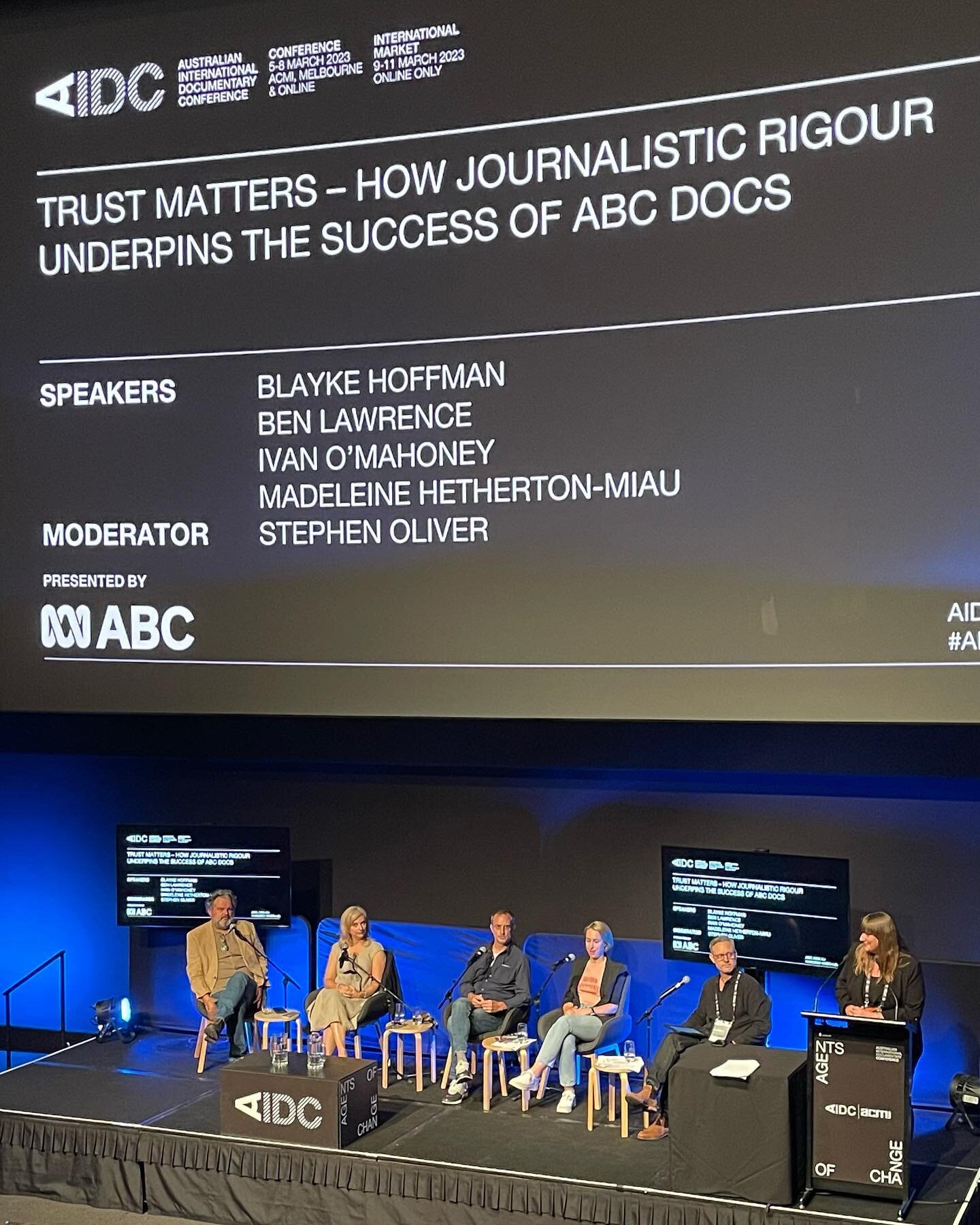 Great panel @aidcmelb - &ldquo;Trust matters - how journalistic rigour underpins the success of ABC docs&rdquo;. Featuring @mediastockade co-founder @maddymiau  #aidc2023 #aidc