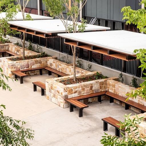 School Seating &amp; Shade - design, manufacture &amp; install. 

This project, designed by Jeremy Ferrier LSA, transformed a previously under utilised space into a beautifully shaded seating area; now used at lunch time and for outdoor learning. 

T