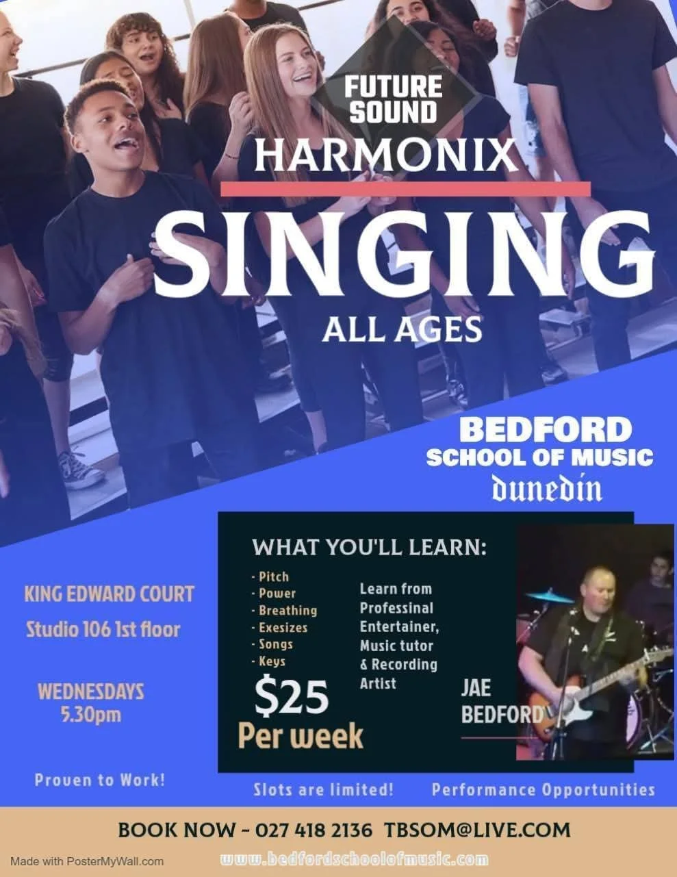 A promotional poster for a community singing class at Bedford School of Music in Dunedin. Shows a group of children singing joyfully and details about the class including schedule, location, cost, and what will be learned.