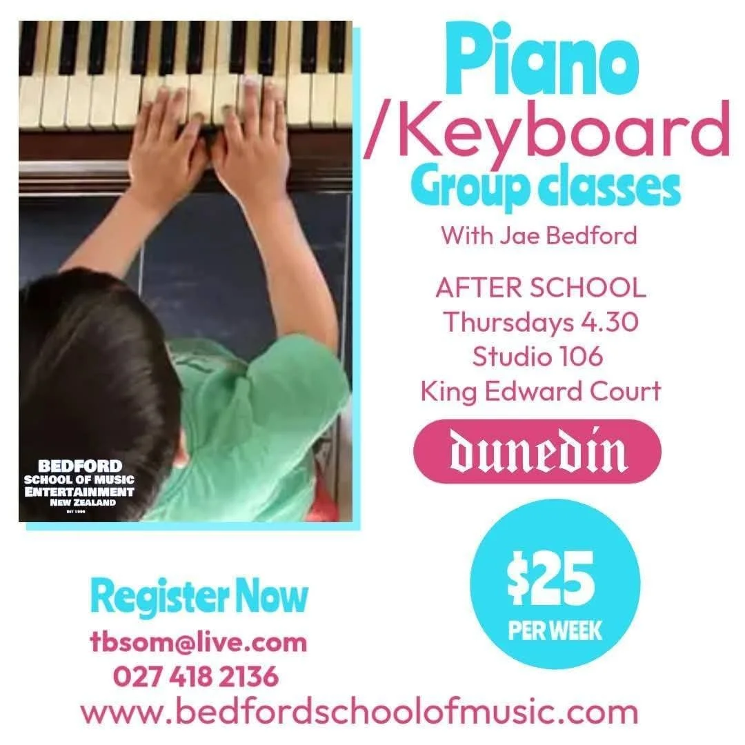 A poster advertising group piano and keyboard classes for children with Jae Bedford in Dunedin, New Zealand. The classes are held after school on Thursdays at 4:30 PM in Studio 106 on King Edward Court, costing $25 per week. The poster features a top-down photo of a child playing a piano, and includes contact information and a website for registration.