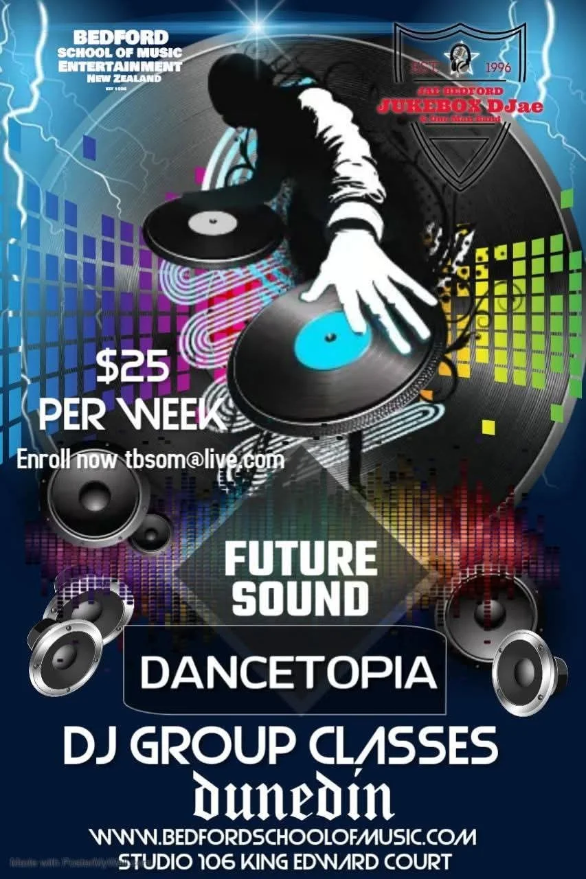 A promotional poster for Bedford School of Music Entertainment in New Zealand featuring a DJ with turntables, colorful sound wave graphics, and text about DJ classes costing $25 per week, with details for registration and location.