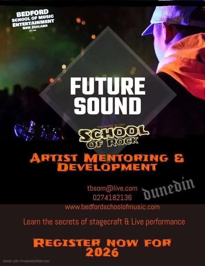 Advertisement for Bedford School of Music's 'Future Sound' program, focusing on artist mentoring and development, with details for registration and contact information.
