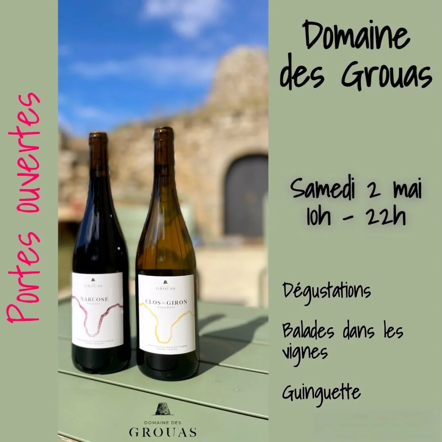 Save the date
Portes ouvertes au domaine le samedi 2 mai prochain.
Au programme, d&eacute;gustations, visite du domaine, balades dans les vignes et ouverture de notre guinguette.
A bient&ocirc;t
#portesouvertes 
Toutes nos cuv&eacute;es seront dispon