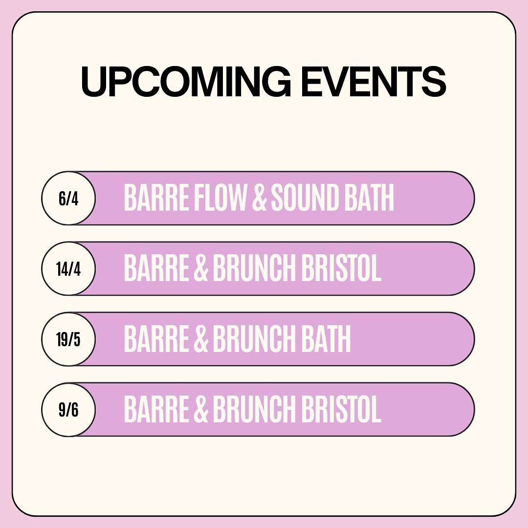 We&rsquo;ve got so much on, we had to make it a dedicated post on the feed 🙌✨

If you are looking to switch your ✨BARRE✨ up a bit, why not take part in one of our upcoming events.

We&rsquo;ve got soundbaths, we&rsquo;ve got brunch, we&rsquo;ve got 