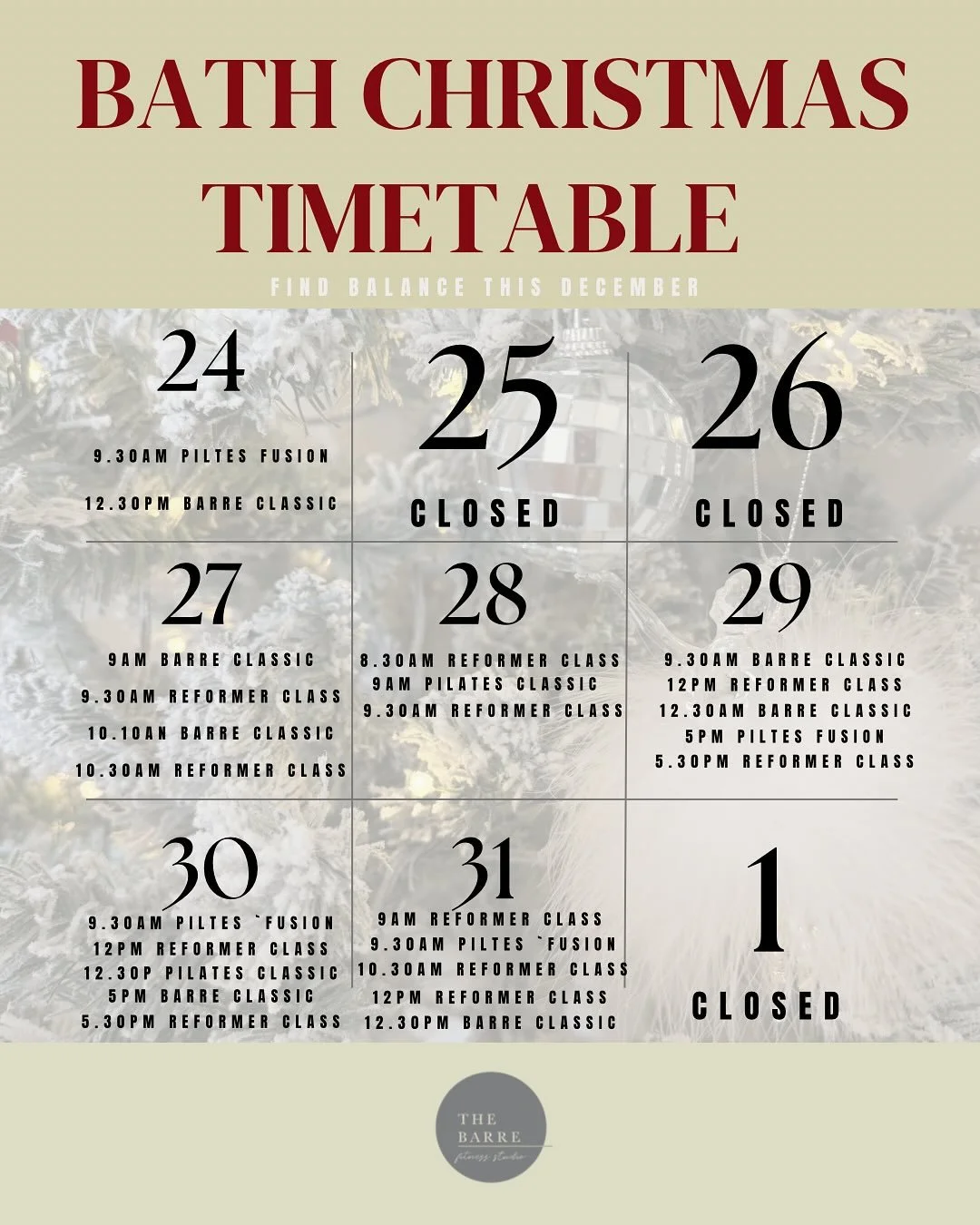 Find balance this Christmas ... book now to find a little time for yourself 🌲🌲🌲

#christmaspilates#christmasbarre#barrefitness#barre#reformerpilates l#barhfitness#barrefitness