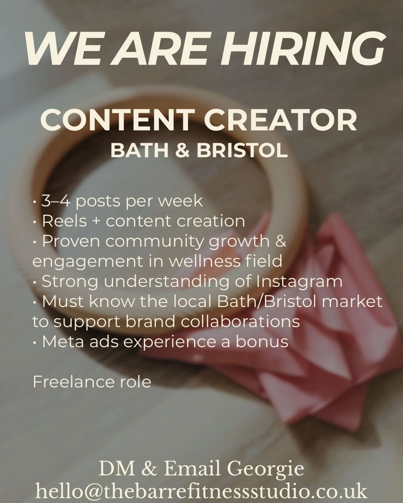 ✨✨WE&rsquo;RE HIRING✨✨
CONTENT CREATOR
Bath / Bristol

We&rsquo;re looking for a creative content creator to support The Barre Fitness Studio across Bath &amp; Bristol.

The role includes creating and posting content 3&ndash;4 times per week, filming