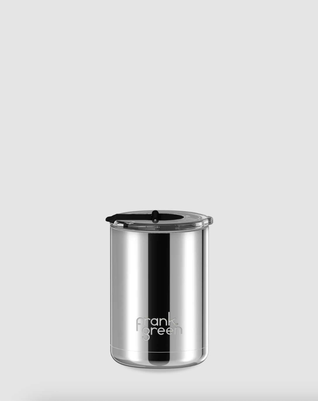 Frank Green Ceramic Coffee cup with Hinged Screw Lid- Chrome Silver with Midnight Hinge