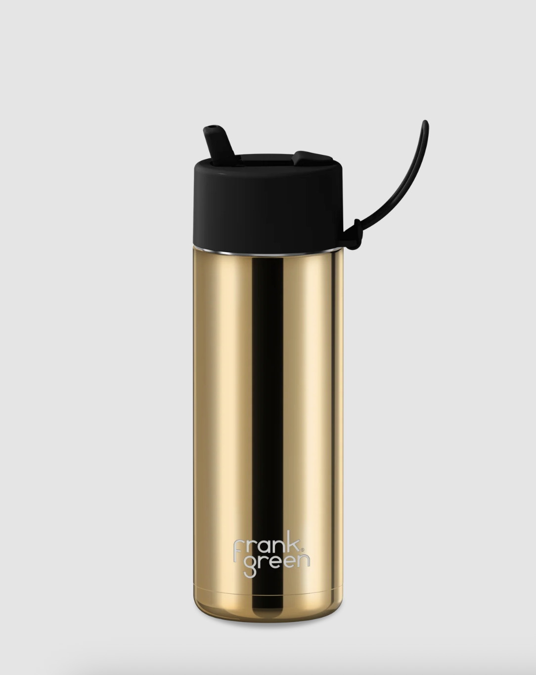 Frank Green Stainless Steel Ceramic Reusable Bottle with Flip Straw Lid 20oz/595ml- Chrome Gold with Midnight Lid