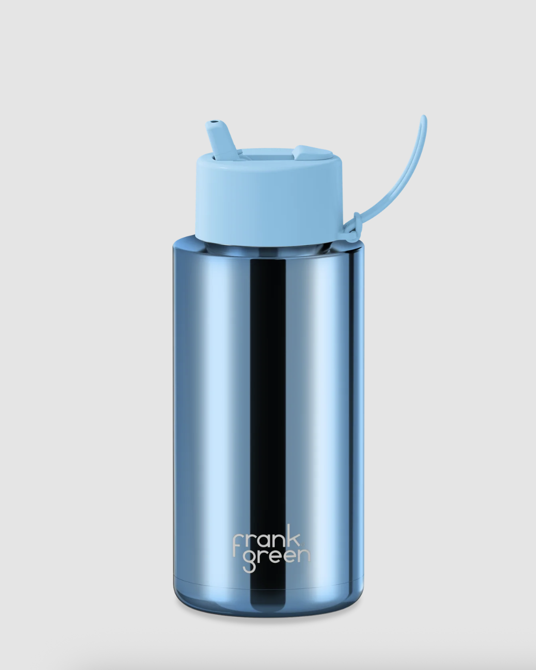 Frank Green Stainless Steel Ceramic Reusable Bottle with Flip Straw Lid 34oz/1L- Chrome Light Blue