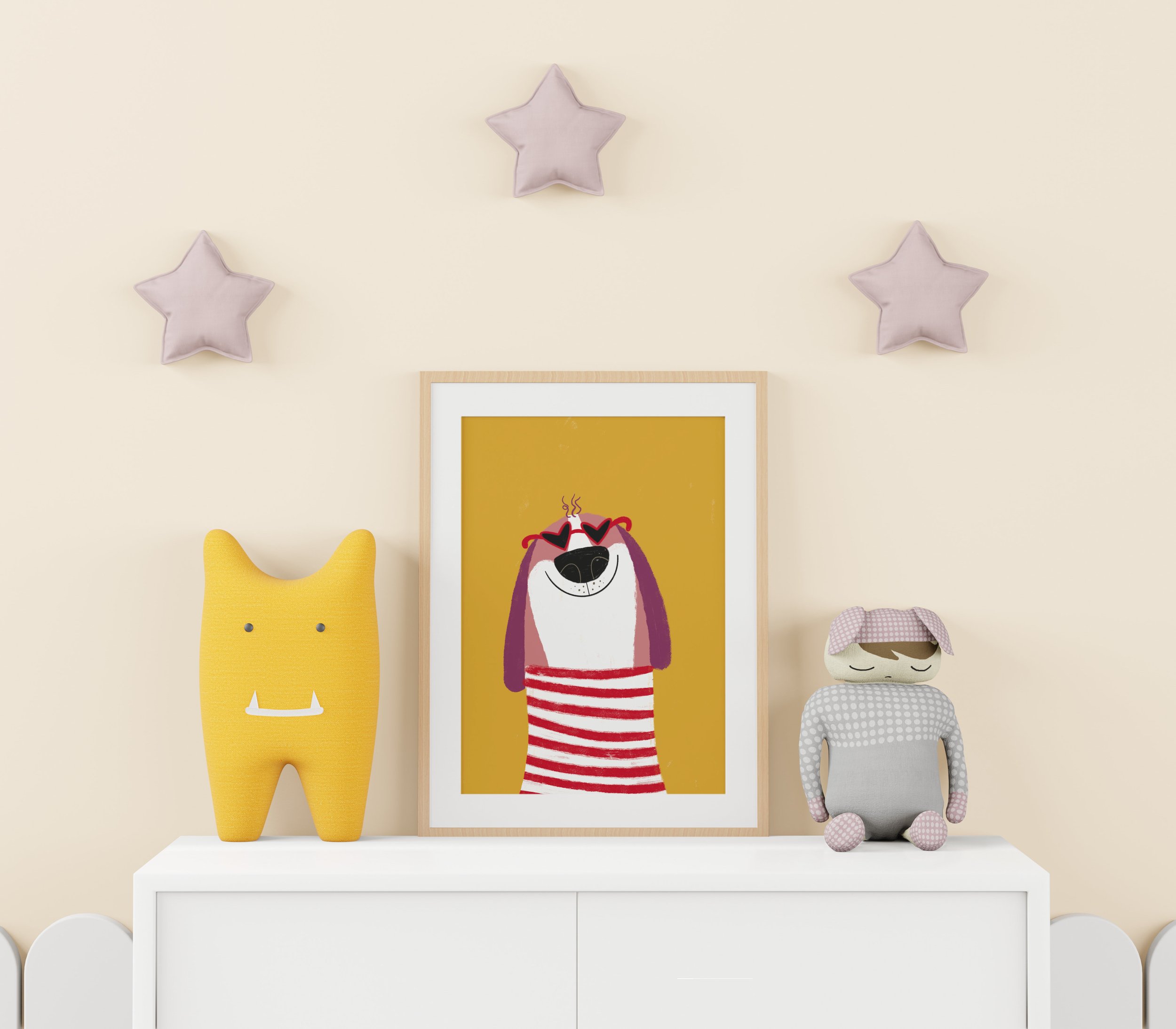 quarto infantil com póster de ilustração de cão