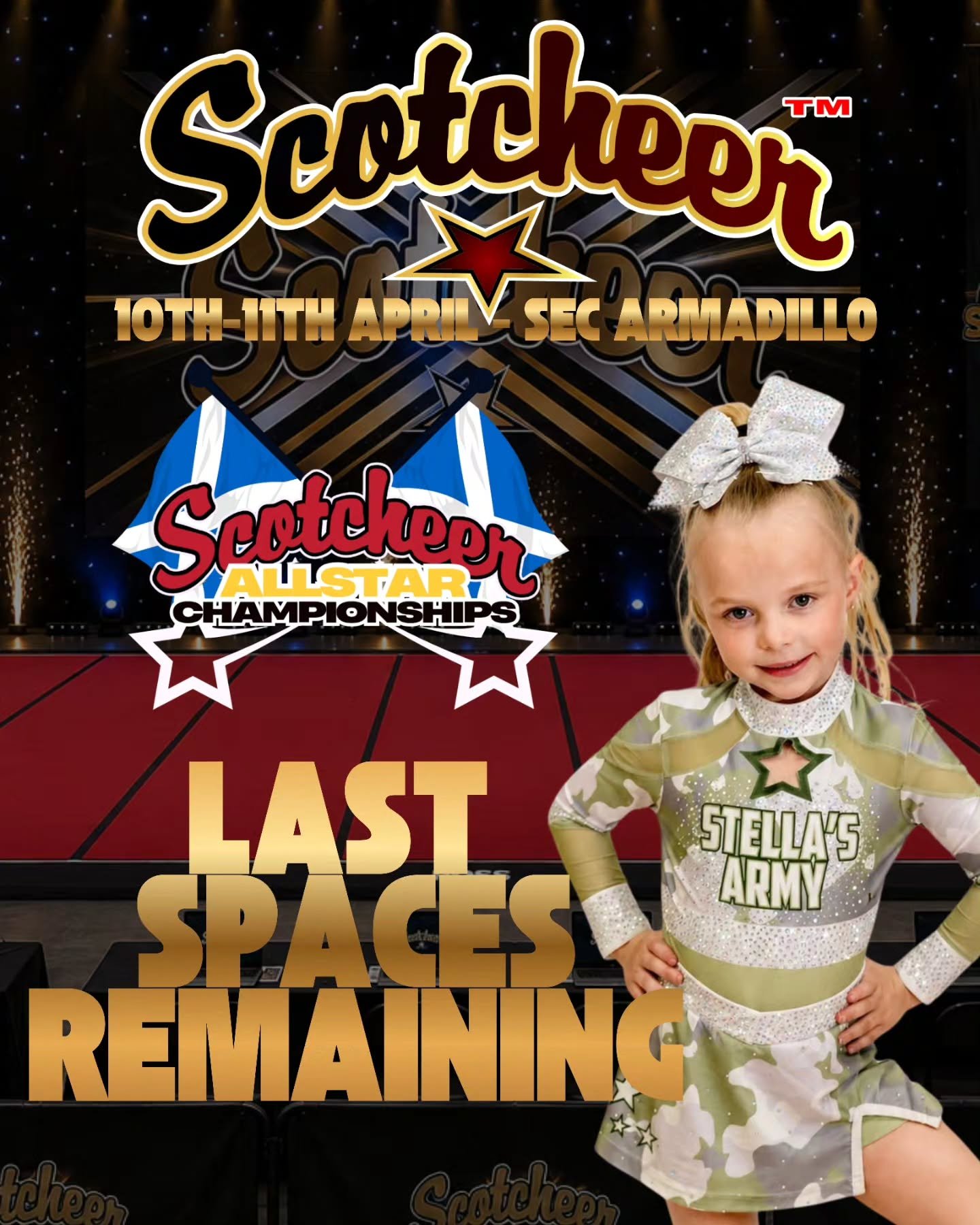 🌏 Scotcheer Allstar Championships SEC Armadillo 🌏

We are down to the very last spaces for both Cheer &amp; Dance for Nationals!

Once we hit capacity registration will be closed 🔒

Thank you to all teams who have registered so far 🤍